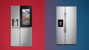 LG and Whirlpool refrigerators side by side on a two-toned background