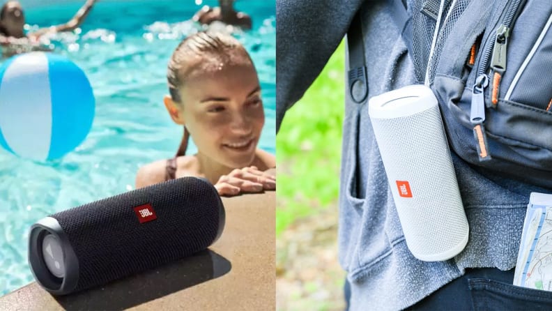 On left, person in pool next to black JBL speaker. On right, white portable speaker clipped to backpack.