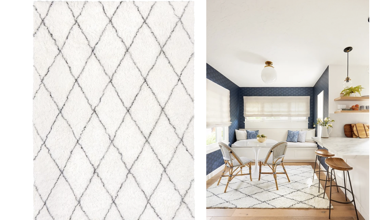 Two images of a white plush rug with a diamond pattern