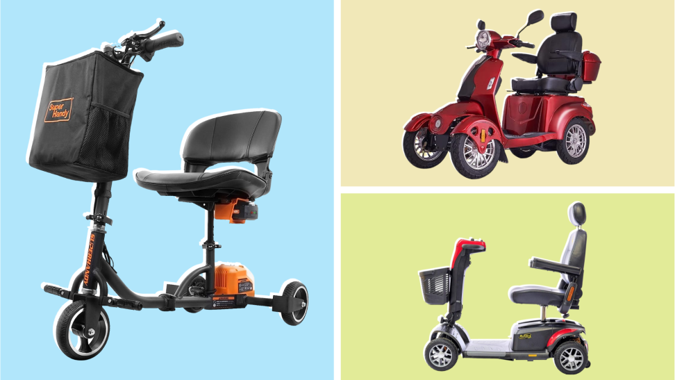 The SuperHandy, Lagtom, and Buzzaround mobility scooters in a three-panel inage