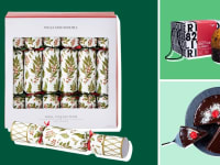 Photo collage of Williams Sonoma Christmas crackers, a loaf of panettone bread from Olivieri 1882 next to a box and a small, round black cake with one slice being extracted.