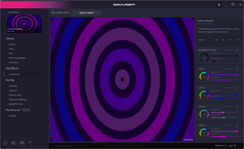 Screenshot of a computer program, black background with white text and a purple swirl effect in the center