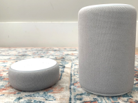 Amazon Echo Dot (third-gen) on the left and the Amazon Echo (third-gen) on the right.