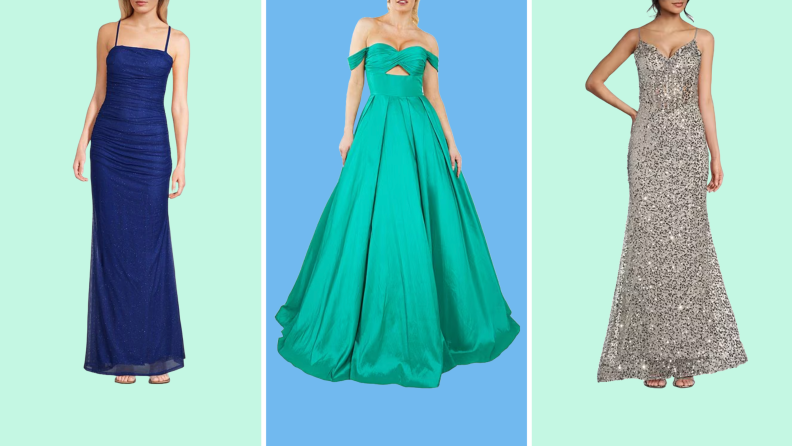 Collage of three prom dresses available at Dillard's.