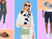 A collage of on-sale items at the Nordstrom Half-Yearly sale, including New Balance sneakers, Zella shorts, a Kate Spade purse, and more.