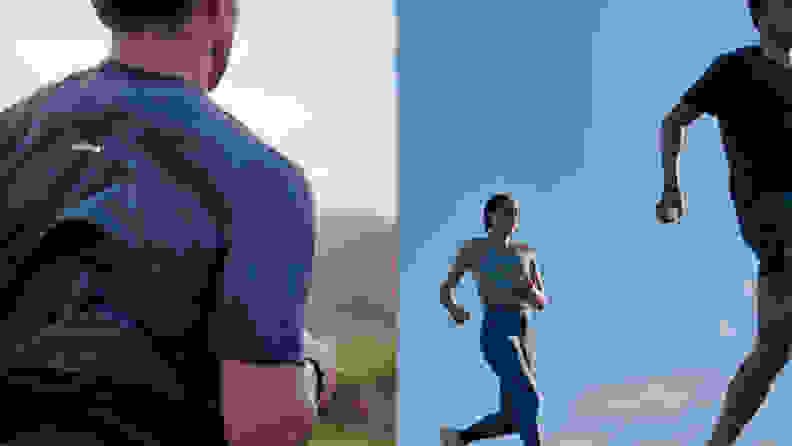 left: man wearing allbirds shirt. right: man and woman running in allbirds clothes.