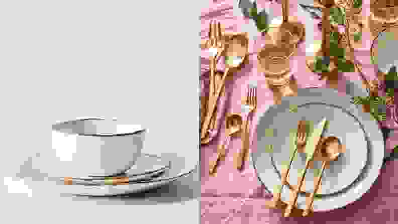 On left, a set of three stacked and matching dishes. On right, a table setting with gold-rimmed dishes