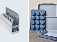 Left: Blue-colored bakeware in storage organizer. Right: blue-colored bakeware from Caraway on a table.