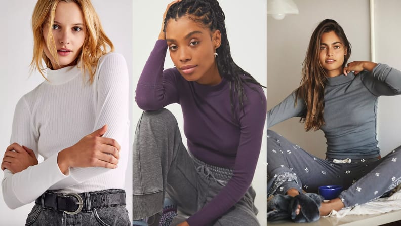 Models wearing white, purple, and gray versions of the Rickie Top.