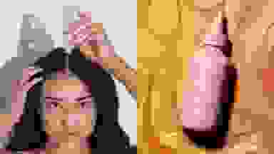 左图:一位深色长发从中间分开的模特，在她的头发上拿着一个粉色的挤压管。在右边:一个蓝色的Living Proof挤压管。