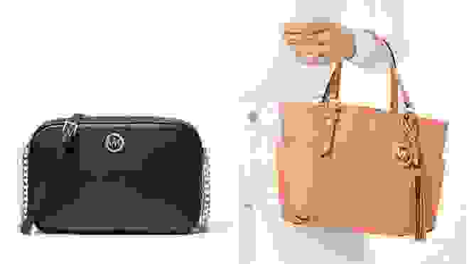 On left, black leather crossbody bag. On right, person holding tan tote bag on arm.