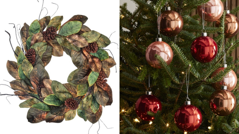 左边是用绿叶做成的花环。右边是圣诞树上红色和金色的装饰品。