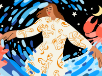 Illustration of a woman wearing a printed dress surrounded by floating blobs of color. A red crab is in the background.