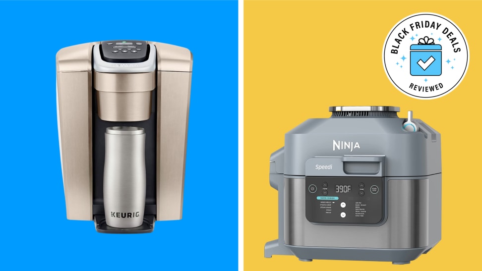 A collage of kitchen appliances on a colorful background with a Black Friday badge.