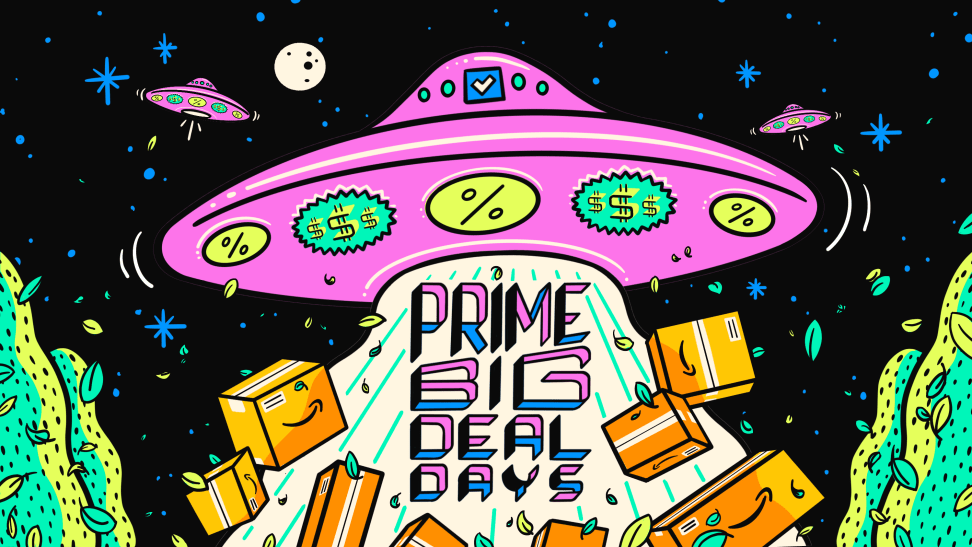 A graphic with the words Prime Big Deal Days with a spaceship above to represent out of this world Amazon deals.
