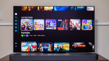 The Samsung S95F OLED TV with games on its bright screen
