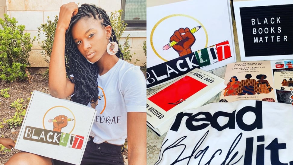 A split image of Nia-Tayler Clark, founder of BlackLIT, a Cratejoy box, and an image of the contents inside a BlackLIT box.