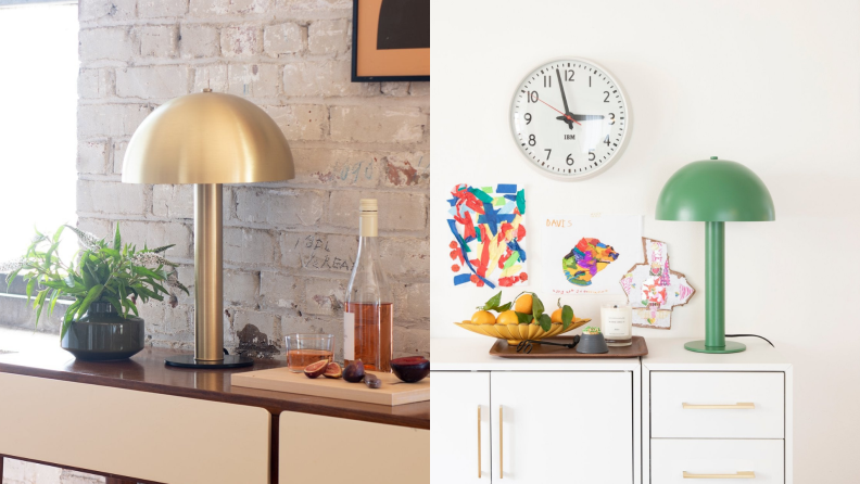 On the left, a gold brass lamp on a counter top. On the right, a bright green lamp on a white cabinet.