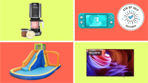 ice cream maker, blow up water slide, blue portable game console, and television