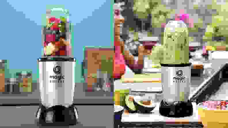 Left: Magic Bullet on countertop filled with fruit. Right: Magic Bullet filled with guacamole in outdoor dining setting
