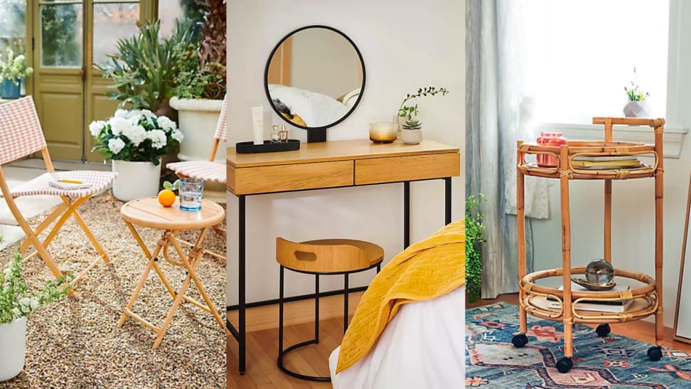 An image of a cafe table and chairs outside, alongside an image of a pale wooden vanity beneath a round mirror, alongside an image of a rattan bar cart on wheels.