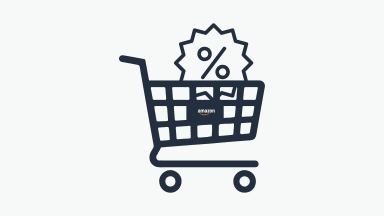 A graphic of an Amazon shopping cart with a discount tag in it