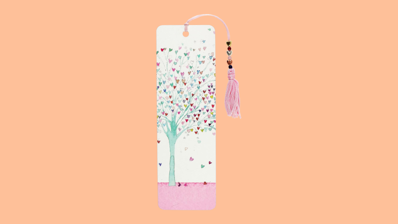 A bookmark on an orange background.