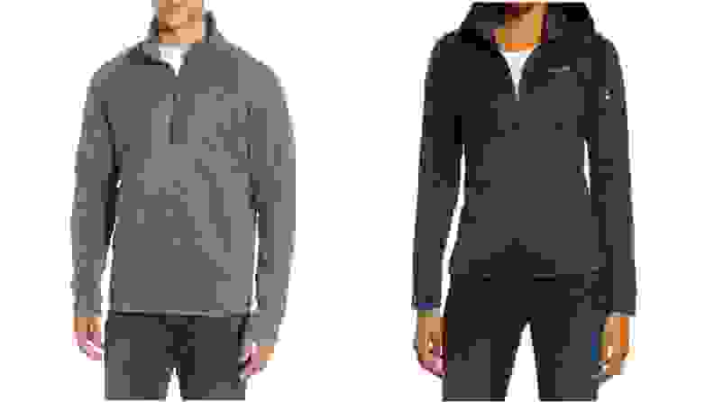 Two separate images show off two similar pullover jackets. The one on the left is olive green; the right, navy blue.