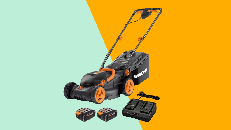 A Worx lawnmower against a mint green/gold background.