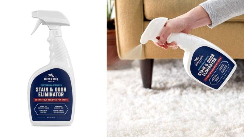 Left: carpet spray bottle on white background, right: hand spraying carpet cleaner bottle on carpet.