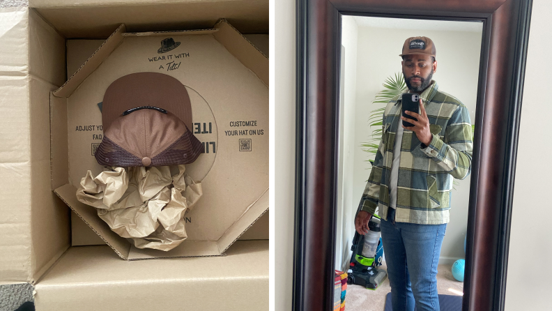 A man taking a selfie wearing a green plaid overshirt with a pair of blue jeans and a trucker cap, also a photo of the hat in a cardboard box.