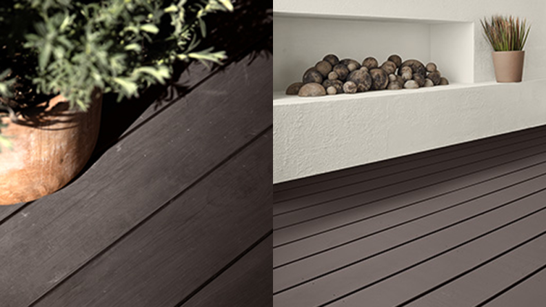 In two side-by-side images, the Behr Premium Solid Color Waterproofing Stain & Sealer is applied to beautiful outdoor decking.
