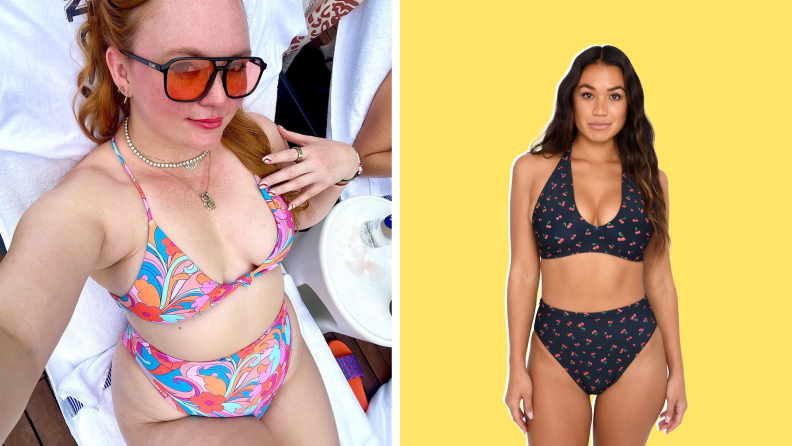 Collage image: On the left is a woman wearing a colorful printed bikini and sunglasses with red lenses, and on the right is a model wearing a black two-piece bathing suit.