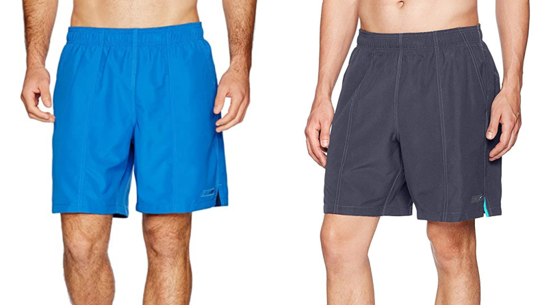 men wearing blue Speedo swim trunks