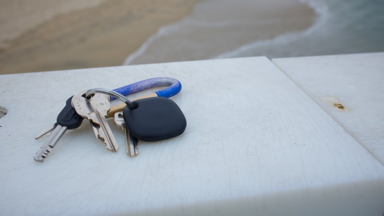 The Galaxy Smart Tag attached to a keyring, along with a set of keys.