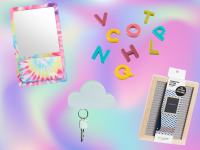 On right, rainbow tie-dye pocket organizer from PB Teen in front of multi-colored background. In middle,  magnetic cloud holding key from TWONE and magnetic letters from The Container Store in front of multi-colored background.. On right, wooden letter board from U Brands in front of multi-colored background.