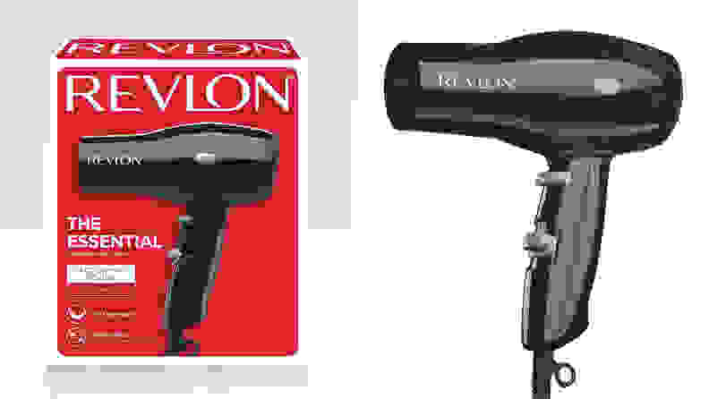 On the left: A red Revlon hair dryer box. On the right: A black compact hair dryer from Revlon.