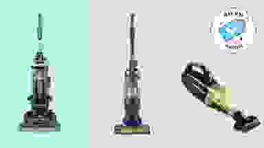Three Bissell vacuum cleaners with the Way Day Reviewed badge in front of colored backgrounds.