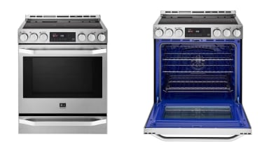 A side by side image of an electric range with its door open, and one with it closed.