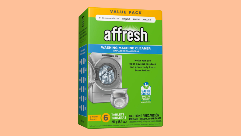 Affresh washing machine cleaner against a peach background