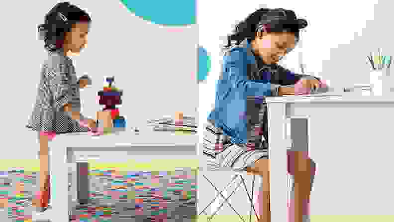 A toddler plays at her art table while an older child does work at her desk.