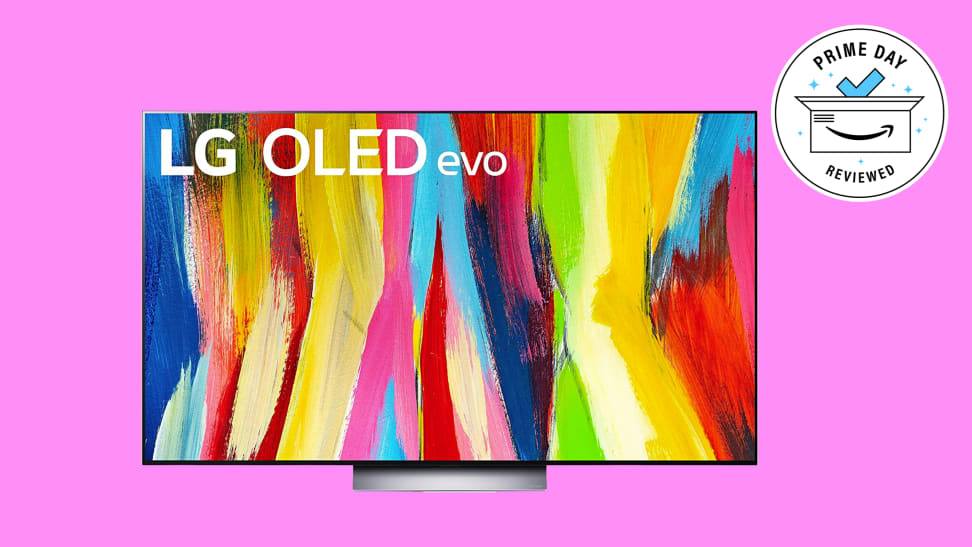 The LG C2 OLED TV floating in a pink void.