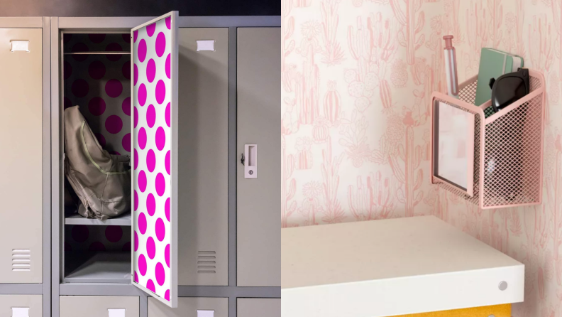 On left, locker with pink and white polka-dot pattern. On right, pink and white boho cactus wallpaper in locker with books.