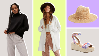 Models on left and middle rocking long-sleeved shirt and cardigan and pants. On right, straw hat and floral espadrille wedge heel.