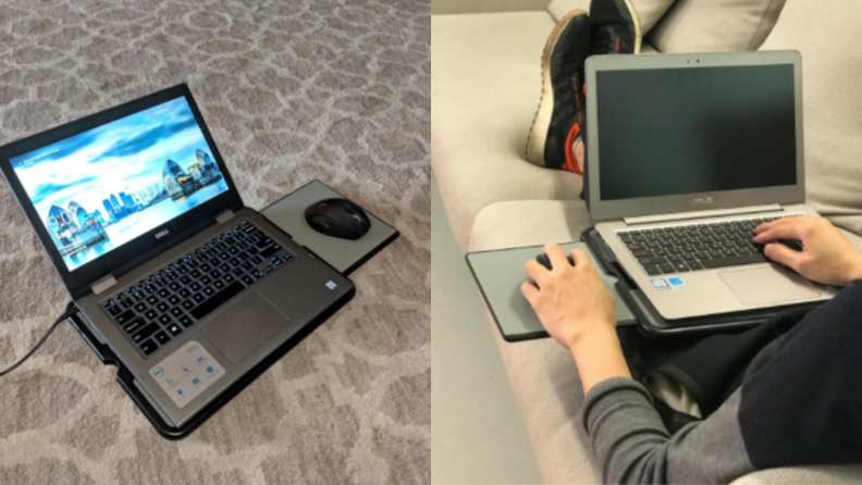 AboveTEK lap desk on someone's lap while they sit on the couch.