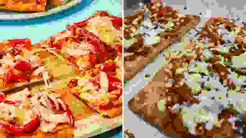 On left, an EveryPlate photo of roasted red pepper flatbreads on blue background. On right, Reviewed image of the recipe.