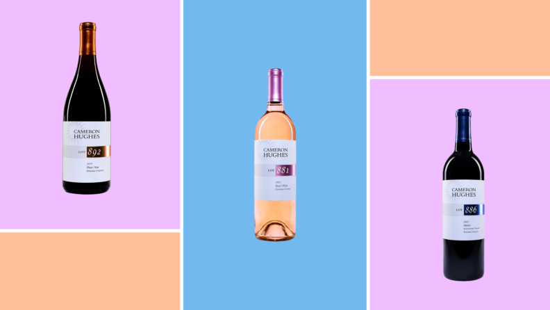 Three bottles of CH Wine in front of a colored background.