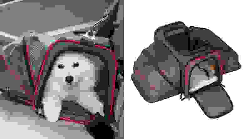 Left: A white, fluffy dog lays in a pet carrier buckled into a leather car seat; Right: The mesh Pet Peppy carrier is expanded on its left and right sides with an unzippered front entrance