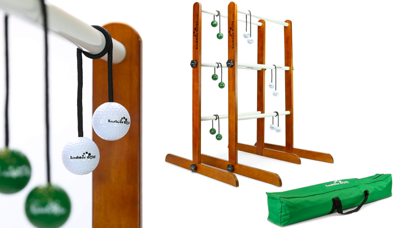 Two images of a wooden stand with golf balls hanging from rods.