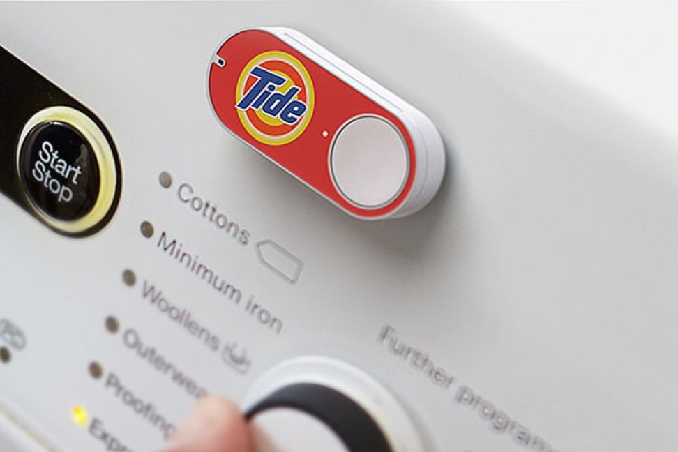 A Tide detergent Amazon Dash button on a washer